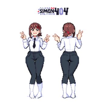 Rule 34 | 1girl, artist name, ass, breasts, brown eyes, brown hair, chainsaw man, collared shirt, commentary, crop top, double v, english commentary, hair ornament, hairclip, higashiyama kobeni, highres, looking at viewer, multiple views, navel, open mouth, pants, pixel art, ponytail, shirt, short ponytail, sim0n404, simple background, single sidelock, thigh gap, v, white background, white shirt, wide hips