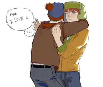 Rule 34 | ..., 2boys, back, belt, black belt, black hair, blue hat, blue pants, brown jacket, closed mouth, cowboy shot, english text, fingernails, green hat, grey pants, hat, highres, jacket, kugai697139, kyle broflovski, long sleeves, looking at another, male focus, multiple boys, orange hair, orange jacket, pants, pocket, pom pom (clothes), puffy long sleeves, puffy sleeves, short hair, simple background, south park, speech bubble, spoken ellipsis, stan marsh, standing, white background, yaoi