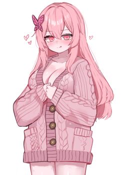 1girl absurdres breasts butterfly_hair_ornament cardigan cleavage hair_ornament heart heart-shaped_pupils highres large_breasts licking_lips long_hair long_sleeves looking_at_viewer original pink_cardigan pink_eyes pink_hair pocari_(sq551) sexually_suggestive simple_background solo symbol-shaped_pupils tongue tongue_out vrchat white_background