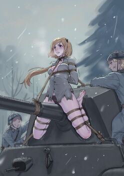 1girl 2boys absurdres arms_behind_back bdsm belt blonde_hair bondage bound breasts clenched_teeth combat_helmet fallschirmhelm frogtie german_army girls&#039;_frontline green_shirt helmet highres long_hair m3_(girls&#039;_frontline) medium_breasts military_combat_uniform military_uniform military_vehicle motor_vehicle multiple_boys open_mouth outdoors pleated_skirt purple_eyes restrained root001 separated_legs shibari shibari_over_clothes shirt skindentation skirt snowing soldier tank teeth torn_clothes torn_shirt very_long_hair wehrmacht winter