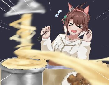 1girl ahoge animal_ears blush bow breasts brown_eyes brown_hair checkered_ribbon dantsu_flame_(casual)_(umamusume) dantsu_flame_(umamusume) ear_covers ear_ornament ear_ribbon hair_between_eyes highres horse_ears horse_girl large_breasts maaaaaaaru multicolored_hair open_mouth simple_background solo umamusume umamusume:_beginning_of_a_new_era white_hair