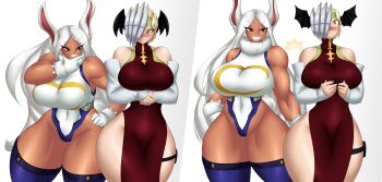 Rule 34 | 2girls, absurdres, ass, ass grab, bare shoulders, blonde hair, blush, boku no hero academia, breasts, covered collarbone, covered navel, curvy, detached sleeves, dress, embarrassed, gloves, hand on own hip, highres, huge ass, huge breasts, kyelyn, leotard, long hair, mirko, multiple girls, muscular, muscular female, one eye covered, rabbit ears, rabbit girl, rabbit tail, red dress, red eyes, ryuukyuu, short hair, sleeveless, smile, spanking, surprised, tatsuma ryuuko, thick thighs, thigh strap, thighhighs, thighs, white background, white gloves, white hair, wide hips, yellow eyes, yuri