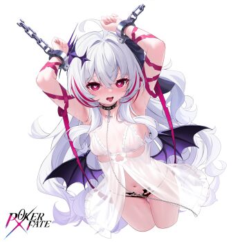 Rule 34 | 1girl, absurdres, armpits, arms up, babydoll, bat wings, black panties, blush, bound, bound wrists, breasts, chain, choker, cleavage, commentary, copyright name, cowboy shot, cowlick, cross, cross pendant, cuffed, cuffs, demon girl, diamond (shape), dress, hair between eyes, heart, heart-shaped pupils, highres, latin cross, lilith (oath) (poker fate), lilith (poker fate), long hair, looking at viewer, multicolored hair, nahaki, navel, official alternate costume, official artist extra, open mouth, panties, poker fate, red eyes, red hair, red ribbon, restrained, ribbon, saliva, saliva trail, shackles, simple background, small breasts, solo, spiked choker, spikes, streaked hair, symbol-shaped pupils, underwear, very long hair, white babydoll, white background, white hair, wings