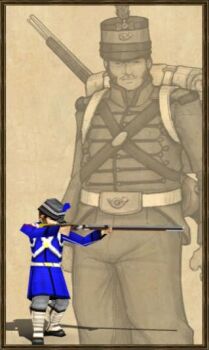 1boy 3d backpack bag belt black_border border cau00e7ador game gun hat male_focus military monochrome portugal rifle shako_cap sketch solo uniform weapon