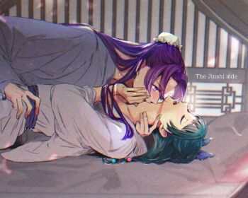 1boy 1girl beads biting blue_ribbon blunt_bangs blush bun_cover character_name chii_(chi_hrd) closed_eyes commentary_request couple english_text green_hair grey_robe hair_beads hair_bun hair_ornament hair_ribbon half_updo hand_on_another&#039;s_cheek hand_on_another&#039;s_face hand_on_another&#039;s_neck hand_on_another&#039;s_waist hetero highres jinshi_(kusuriya_no_hitorigoto) kusuriya_no_hitorigoto long_hair looking_at_another maomao_(kusuriya_no_hitorigoto) neck_biting open_mouth parted_bangs pink_eyes purple_hair ribbon robe white_robe