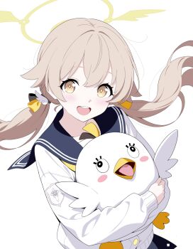 Rule 34 | 1girl, blonde hair, blue archive, blue sailor collar, cardigan, commentary request, hair flaps, hair intakes, hair ornament, halo, hifumi (blue archive), highres, holding, holding stuffed toy, kazu sasuki, light blush, long hair, open mouth, peroro (blue archive), sailor collar, simple background, smile, solo, stuffed animal, stuffed bird, stuffed toy, twintails, upper body, white background, white cardigan, wing hair ornament, yellow eyes, yellow halo