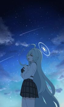 1girl black_gloves blue_archive blue_eyes blue_necktie cloud cloudy_sky collared_shirt gloves green_hair hair_between_eyes halo highres long_hair necktie open_mouth shirt sky su_gyoza very_long_hair white_shirt yellow_eyes yellow_halo yume_(blue_archive)