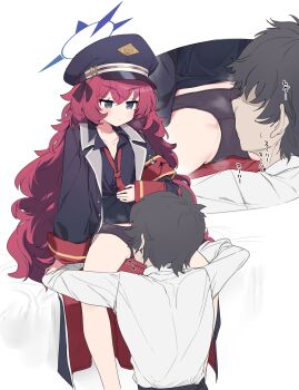 1boy 1girl anba_kohaku black_panties blue_archive blue_halo commentary_request crotch_seam face_in_crotch fluffy_hair grey_eyes halo hat highres iroha_(blue_archive) lapels long_hair long_sleeves looking_at_another loose_necktie multiple_views necktie notched_lapels panties peaked_cap red_hair red_necktie sensei_(blue_archive) shirt sitting smelling smelling_pussy spread_legs steaming_body thighs underwear very_long_hair white_shirt