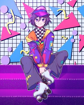 1980s_fashion 1boy alternate_costume arms_between_legs baggy_pants cele_(310v3) checkered_clothes checkered_scarf commentary danganronpa_(series) danganronpa_v3:_killing_harmony english_commentary flipped_hair geometric_pattern grid_background hair_between_eyes highres hood hoodie long_sleeves looking_at_viewer male_focus multicolored_hoodie oma_kokichi orange_shirt outline pants print_shirt purple_eyes purple_hair retro_artstyle roller_skates scarf shirt short_hair sitting skates smile smile_emoji solo stairs star_(symbol) star_print streetwear two-tone_scarf visor_cap white_outline