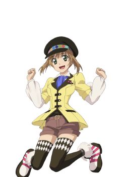 Rule 34 | 1girl, argyle clothes, argyle thighhighs, artist request, black hat, black thighhighs, blue necktie, boots, breasts, brown hair, brown shorts, commentary, full body, game cg, green eyes, hat, jacket, jumping, leia rolando, long sleeves, looking at viewer, medium breasts, midair, necktie, official art, open mouth, peaked cap, shirt, short hair, shorts, smile, solo, tales of (series), tales of asteria, tales of xillia, tales of xillia 2, thighhighs, thighs, third-party source, transparent background, white boots, white shirt, yellow jacket
