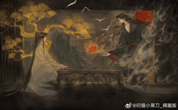 2boys bird black_hair black_hanfu branded chinese_clothes chinese_commentary chinese_text closed_mouth commentary_request diaomaoxiaoheidaoliangquanban fire floating flower from_side ghost hair_down hair_ribbon half_updo hanfu headband highres implied_yaoi indoors lan_wangji leaf long_hair long_sleeves looking_at_another male_focus modao_zushi mountain multiple_boys official_alternate_hairstyle painting_(object) pectoral_cleavage pectorals plant ponytail potted_plant profile red_flower red_ribbon red_sash ribbon robe sash scar scar_on_chest scroll sidelocks sitting smile smoke table tree vase very_long_hair watermark wei_wuxian wei_wuxian_(yiling_laozu) weibo_watermark white_hanfu white_headband wide_sleeves