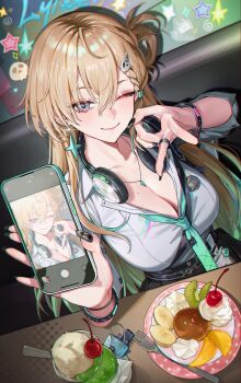 1girl absurdres black_nails blonde_hair blue_eyes braid braided_bangs breasts cellphone cellphone_charm charm_(object) cherry cleavage closed_mouth collarbone commentary cookie dessert dutch_angle earrings fingernails food fruit hair_between_eyes hair_ornament headphones headphones_around_neck highres holding holding_phone ice_cream ice_cream_float id_card jewelry large_breasts long_fingernails long_hair looking_at_viewer lynae_(wuthering_waves) mole nail_polish necklace one_eye_closed phone recursion rhtkd selfie shirt shirt_tucked_in skull_hair_ornament smartphone smile solo star_(symbol) star_earrings symbol-only_commentary whipped_cream white_shirt wuthering_waves