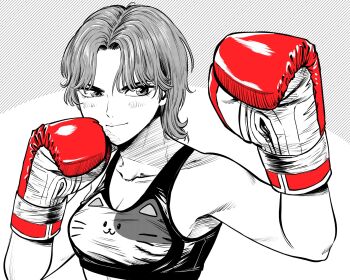 Rule 34 | 1girl, animal print, boxing, boxing gloves, breasts, cat print, cleavage, collarbone, commentary, gloves, greyscale, hatching (texture), highres, lee (dragon garou), linear hatching, medium breasts, monochrome, original, red gloves, short hair, smile, solo, sports bra, spot color, untranslatable commentary, upper body