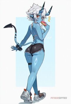 1girl ass bikini blush breasts dirresponsibly dolphin_shorts donut eating food full_body grey_hair highres horns looking_at_viewer pointy_ears red_eyes short_hair shorts small_breasts solo soukaku_(zenless_zone_zero) swimsuit tail walking zenless_zone_zero