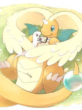 blue_eyes claws closed_mouth colored_skin dragon dragonite drawing_(action) drawing_tablet feathered_wings flygon gen_1_pokemon gen_3_pokemon gen_6_pokemon goodra grass green_eyes head_wings highres holding holding_stylus horns knhb_tail leg_wings lying mega_dragonite mega_pokemon nintendo no_humans on_back open_mouth orange_skin pokemon pokemon_(creature) pokemon_focus single_horn smile stylus tail wings