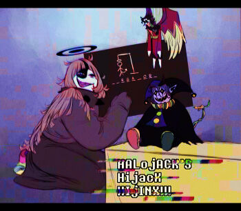 1girl 2boys deltarune dress english_text halo halojack_(huecycles) highres huecycles jevil long_skirt multicolored_eyes multiple_boys original sharp_teeth skirt spamton_g._spamton spamton_neo teeth utdr_(toby_fox)