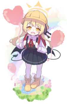 Rule 34 | 1girl, absurdres, backpack, bag, balloon, black dress, black ribbon, black tail, black wings, blonde hair, blue archive, blush, boots, collared shirt, commentary, demon tail, demon wings, dress, full body, hair ribbon, halo, hat, heart balloon, highres, ibuki (blue archive), long hair, looking at viewer, mottata, neck ribbon, open mouth, pantyhose, pinafore dress, randoseru, red bag, red ribbon, ribbon, school hat, shirt, sleeveless, sleeveless dress, solo, tail, white pantyhose, white shirt, wings, yellow boots, yellow eyes, yellow halo, yellow hat