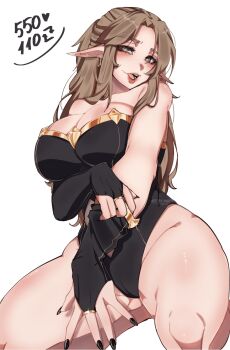 Rule 34 | 1girl, artist name, black nails, breasts, brown hair, cleavage, commentary, detached sleeves, earrings, elf, english commentary, fingernails, green eyes, head tilt, highres, jewelry, large breasts, lips, long hair, looking at viewer, nasya ns, open mouth, original, parted bangs, pointy ears, simple background, smile, solo, thick thighs, thighs, twitter strip game, undressing, white background