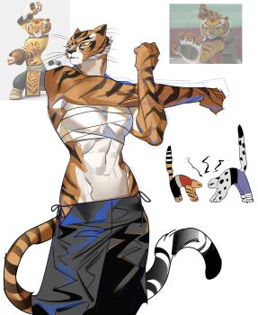abs absurdres animal_ears bare_shoulders black_pants chest_sarashi clenched_hands furry furry_female furry_male highres karmaho korean_commentary kung_fu_panda muscular muscular_female pants photo-referenced sarashi screencap shade sketch snow_leopard_boy stretching tai_lung tiger tiger_ears tiger_girl tigress_(kung_fu_panda) toned toned_female white_background