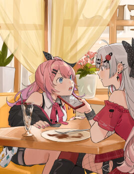 2girls absurdres bandaged_arm bandages black_boots black_shirt blue_eyes boots bow bracelet cellphone collared_shirt cup curtains ear_piercing earrings empty_plate fishnet_pantyhose fishnets fork hair_bow hair_ornament hairclip half_updo highres holding holding_phone ishigami_nozomi ishigami_nozomi_(1st_costume) jacket jewelry koinko_(hunjinwashow) kuramochi_meruto kuramochi_meruto_(1st_costume) long_hair looking_at_another multicolored_hair multiple_girls neck_ribbon nijisanji off-shoulder_shirt off_shoulder open_clothes open_jacket open_mouth pantyhose phone piercing pink_hair pink_nails plaid_overskirt plant plate potted_plant red_nails red_overskirt red_ribbon red_shirt red_thighhighs ribbon shirt short_shorts shorts side_ponytail sitting sleeveless sleeveless_shirt smartphone spiked_ear_piercing streaked_hair table thigh_strap thighhighs virtual_youtuber white_hair white_shirt window