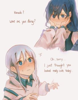 2girls asahina_mafuyu blue_eyes blush closed_mouth commentary english_commentary english_text grey_hair hand_on_another&#039;s_face highres hood hoodie long_hair multiple_girls parted_lips project_sekai purple_eyes purple_hair rockdrop sweat white_hoodie yoisaki_kanade yuri