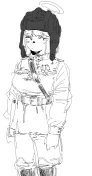 belt black_boots black_eyes blue_archive boots gloves halo hat highres insignia military_hat military_uniform monochrome non-web_source samsick simple_background standing white_background