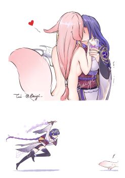 2girls 2koma angry animal_ears arm_up bare_back beiyi black_bridal_gauntlets black_legwear blunt_bangs blush book braid breasts bridal_gauntlets chasing cleavage closed_eyes clothed_female_nude_female comic commentary completely_nude couple cup drink drinking_glass earrings fox fox_ears fox_tail full_body genshin_impact glass hair_ornament hand_up heart highres holding holding_book holding_drink holding_drinking_glass holding_weapon japanese_clothes jewelry katana kimono kiss long_hair low-braided_long_hair low-tied_long_hair medium_breasts mole mole_under_eye multiple_girls musou_isshin_(genshin_impact) nail_polish nude obi obiage obijime open_mouth pink_fur pink_hair purple_hair purple_kimono purple_nails raiden_shogun reading running sash sequential shadow simple_background straight_hair sword tail thighhighs twitter_username very_long_hair vision_(genshin_impact) weapon white_background yae_miko yae_miko_(fox) yuri
