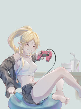 1girl alternate_costume alternate_hairstyle bare_legs bare_shoulders barefoot black_shorts blonde_hair breasts cartethyia_(wuthering_waves) closed_eyes collarbone commentary_request controller crop_top cup disposable_cup drinking_straw feet food game_controller grey_jacket grin highres holding holding_controller holding_food holding_game_controller holding_popsicle jacket kiraboshi_(kiraboshi-1025) long_hair looking_at_viewer medium_breasts navel off_shoulder parted_bangs pointy_ears ponytail popsicle shorts sidelocks smile soles solo stomach tacet_mark_(wuthering_waves) tank_top thighs toes white_tank_top wuthering_waves