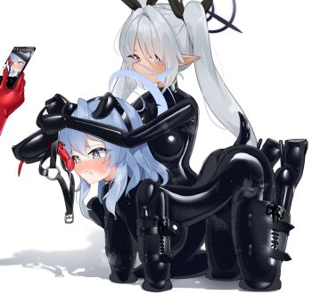 2girls ako_(blue_archive) all_fours animal_ears applying_gag bdsm blue_archive blue_hair bodysuit breasts cross-section dildo_gag dog_mask gag grey_eyes highres human_dog iori_(blue_archive) large_breasts latex latex_bodysuit maguro27 mask multiple_girls nose_tube pet_play phone red_eyes simple_background skin_tight tail white_background white_hair