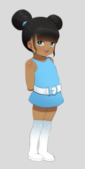 1girl arms_behind_back belt belt_buckle black_hair blue_dress blue_eyes blunt_bangs boots born-to-die buckle cartoon_network child collarbone dark-skinned_female dark_skin double_bun dress female_focus full_body grey_background hair_bun hair_tie highres lola_mbola looking_at_viewer open_mouth robotboy sidelocks simple_background sleeveless sleeveless_dress smile solo standing teeth thigh_boots thighhighs thighs upper_teeth_only white_boots zettai_ryouiki