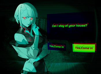 1girl bigroll black_leotard breasts cigarette closed_mouth commentary cyberpunk:_edgerunners cyberpunk_(series) english_commentary english_text gameplay_mechanics glowing glowing_eyes green_theme highres holding holding_cigarette jacket leotard lips long_hair long_sleeves looking_at_viewer lucy_(cyberpunk) medium_breasts no_i&#039;m_not_a_human off_shoulder open_clothes open_jacket outdoors pants pov_peephole red_eyes smile solo standing variant_set