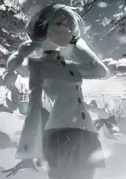 1girl absurdres backlighting black_gloves black_skirt bow braid braided_ponytail buttons earmuffs expressionless gloves grey_eyes hair_bow hashtag-only_commentary highres jacket outdoors sekka_yufu shingle2529 skirt snow snowing solo utau white_jacket winter