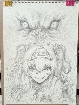 1girl absurdres animal armlet bow breasts collar graphite_(medium) grin hair_between_eyes hair_bow hair_ornament hairband highres jewelry long_hair looking_at_viewer lupa_(wuthering_waves) medium_breasts missing_commentary multiple_hair_bows papatouch portrait smile solo straight-on traditional_media twintails wolf wuthering_waves