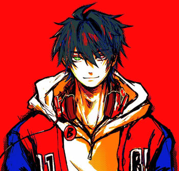 Rule 34 | 1boy, adam's apple, ahoge, arms at sides, artist name, badge, black hair, blue jacket, button badge, choppy bangs, collarbone, commentary request, crosshatching, green eyes, hair between eyes, halftone, hatching (texture), headphones, headphones around neck, heterochromia, hood, hood down, hoodie, hypnosis mic, jacket, jacket over hoodie, letterman jacket, light smile, linear hatching, looking at viewer, male focus, mole, mole under eye, multicolored jacket, outline, pale skin, piercing hole, pokoppe, portrait, red background, red eyes, red jacket, saturated, short hair, simple background, solo, sparkling eyes, straight-on, two-tone jacket, white hoodie, white outline, yamada ichiro, zipper pull tab