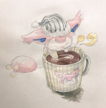 Rule 34 | closed eyes, clothed pokemon, coffee, commentary request, cup, full body, gen 3 pokemon, hat, highres, mint nappa, mug, nightcap, nintendo, no humans, painting (medium), pokemon, pokemon (creature), skitty, solo, traditional media, watercolor (medium), white background