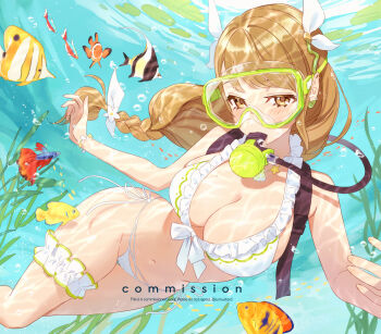 1girl air_bubble bare_arms bikini blonde_hair blush bow braid breasts bubble commentary commission coral diving diving_mask english_commentary fire_emblem fire_emblem_engage fire_emblem_heroes fish flippers frilled_bikini frilled_thigh_strap frills front-tie_bikini_top front-tie_top goggles goldmary_(fire_emblem) goldmary_(summer)_(fire_emblem) hair_bow hair_ornament highres large_breasts looking_at_viewer navel nintendo official_alternate_costume scuba scuba_gear scuba_tank side-tie_bikini_bottom sideboob skindentation solo stomach sumustard swimming swimsuit thigh_strap thighs underwater white_bikini yellow_eyes