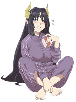 1girl black_hair blue_eyes breasts commentary_request demon demon_girl demon_horns demon_wings digimon digimon_(creature) facial_mark fallen_angel forehead_mark forehead_tattoo horns jacket large_breasts lilithmon long_hair looking_at_viewer pants pointy_ears solo taira_(tairamon) tattoo track_jacket track_pants track_suit wings