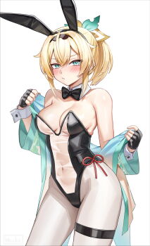 Rule 34 | 1girl, :/, ahoge, alternate costume, animal ear hairband, animal ears, aqua eyes, black bow, black bowtie, black gloves, black hairband, black leotard, blonde hair, blush, bow, bowtie, breasts, closed mouth, commentary, covered navel, cowboy shot, crossed bangs, detached collar, double-parted bangs, fake animal ears, gloves, hair between eyes, hair bow, hair flaps, hairband, haori, highleg, highleg leotard, highres, hololive, japanese clothes, kazama iroha, leotard, looking at viewer, medium breasts, multicolored bow, pantyhose, playboy bunny, ponytail, rabbit ear hairband, rabbit ears, see-through clothes, see-through leotard, short hair, side-tie leotard, simple background, solo, strapless, strapless leotard, untranslatable commentary, thigh strap, traditional bowtie, translucent bunnysuit, virtual youtuber, white background, white pantyhose, wszkii, yellow haori