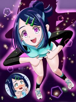 Rule 34 | 1girl, alternate eye color, aqua eyes, artist request, before and after, black hair, blue hair, blush, corruption, cowlick, embarrassed, eyelashes, full body, hair bun, hair ornament, hairclip, happy, highres, hood, hoodie, liko (pokemon), long hair, looking at viewer, mind control, mochi mochi dance, multicolored hair, nintendo, open mouth, pokemon, pokemon (anime), pokemon horizons, purple eyes, simple background, smile, surprised, sweat, thinking, wavy mouth, wide hips