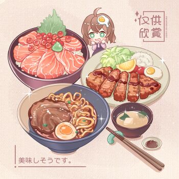 +_+ 1girl :d ahoge blush bowl cherry_tomato chibi chibi_only chopsticks commentary_request double-parted_bangs egg_(food) egg_hair_ornament fish_(food) food food-themed_hair_ornament food_focus fruit green_eyes hair_ornament ikura_(food) lemon lemon_slice meat nanana_(kkyiyi8) noodles open_mouth original plate rice smile solo sparkle sushi tomato