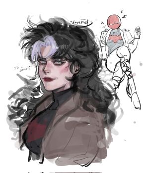 1girl bat_signal batman_(series) batman_symbol benu2v5555 black_bodysuit black_gloves black_hair bodysuit breasts brown_jacket commentary_request dc_comics domino_mask eye_mask genderswap genderswap_(mtf) gloves grey_bodysuit highres jacket jason_todd korean_commentary large_breasts long_hair mask multicolored_bodysuit open_clothes pants red_hood_(dc) red_hood_and_the_outlaws red_mask superhero_costume taut_bodysuit two-tone_bodysuit