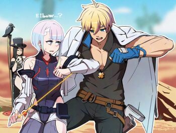 1boy 1girl 1other bare_shoulders belt bird black_hair blonde_hair blue_eyes blue_hair bob_cut crossover crow cyberpunk:_edgerunners cyberpunk_(series) cyborg english_text eyeliner eyeshadow gradient_hair guilty_gear guilty_gear_strive hat jacket ky_kiske long_hair lucy_(cyberpunk) makeup monowire multicolored_hair off-shoulder_jacket off_shoulder pink_hair red_eyeliner red_eyeshadow samurai_jacket_(cyberpunk) sawasa short_hair side_slit testament_(guilty_gear) thighs top_hat white_jacket wire