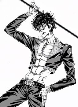 1boy angry black_hair glasses jacket looking_to_the_side open_mouth pants shuumatsu_no_valkyrie upper_body white_background wukong_sun_(shuumatsu_no_valkyrie)