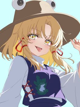 Rule 34 | 1girl, absurdres, blonde hair, blue background, commentary request, eye on hat, floral print vest, hair ribbon, highres, looking at viewer, medium hair, moriya suwako, print vest, purple skirt, purple vest, red ribbon, ribbon, shirt, sidelocks, simple background, skirt, solo, tongue, tongue out, torikaze785, touhou, vest, white shirt