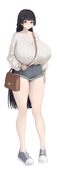 1girl absurdres amaterasu_(himegami_emaki) arm_at_side bag black_hair blunt_ends blush breasts brown_bag collarbone defaultkavy full_body gigantic_breasts grey_shoes grey_shorts hair_ornament hairclip half_updo highres himegami_emaki holding_strap long_hair long_sleeves looking_at_viewer parallel_hairclips red_eyes ribbed_sweater shoes short_shorts shorts shoulder_bag shoulder_strap simple_background solo sweater very_long_hair white_background white_sweater