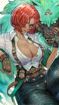 1girl black_pants blue_eyes breasts cleavage collared_shirt commentary_request dark-skinned_female dark_skin fingerless_gloves giovanna_(guilty_gear) gloves guilty_gear guilty_gear_strive head_tilt high-waist_pants highres large_breasts magion02 pants parted_lips partially_unbuttoned police_badge red_hair rei_(guilty_gear) shirt short_hair smile solo white_shirt