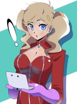 Rule 34 | !, 1girl, :o, absurdres, ahoge, blonde hair, blue eyes, bodysuit, breasts, cleavage, gjh, gloves, hair ornament, hairclip, handheld game console, highres, holding, holding handheld game console, large breasts, looking at viewer, persona, persona 5, purple gloves, red bodysuit, solo, takamaki anne, twintails, upper body