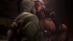 1boy 1girl 3d after_ejaculation after_vaginal aftersex animated black_gloves breasts chair chair_bondage closed_eyes cowgirl_position dark-skinned_female dark_skin elf eye_focus eyelashes fantasy femdom girl_on_top glans gloves gradient_background gradient_hair highres mature_female mature_male multicolored_hair nipples onagi orc orgasm penis pointy_ears sex sitting sound straddling tagme teeth video voiceroid wide_hips