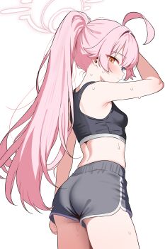 1girl absurdres ahoge alternate_costume armpits ass bare_arms bare_shoulders blue_archive blue_eyes blush breasts clenched_hand closed_mouth commentary_request dolphin_shorts from_side gluteal_fold grey_shorts hair_between_eyes half-closed_eyes halo heterochromia highres hoshino_(armed)_(blue_archive) hoshino_(blue_archive) huge_ahoge long_hair looking_at_viewer looking_back midriff nape pink_halo ponytail saho_4545 shorts simple_background small_breasts solo sports_bra standing sweat thighs underbutt very_long_hair white_background white_halo wiping_sweat yellow_eyes