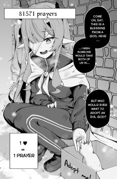 Rule 34 | 1girl, absurdres, bandage over one eye, cat, clover dot (clov erd), commentary, english commentary, english text, giving, greyscale, highres, horns, jacket, long hair, long sleeves, monochrome, one eye covered, open mouth, original, pants, pointy ears, solo, speech bubble, squatting, track jacket, track pants, trembling